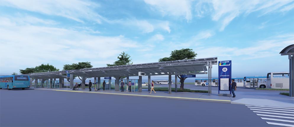 Rendering of the Stride station with a platform and riders waiting for buses