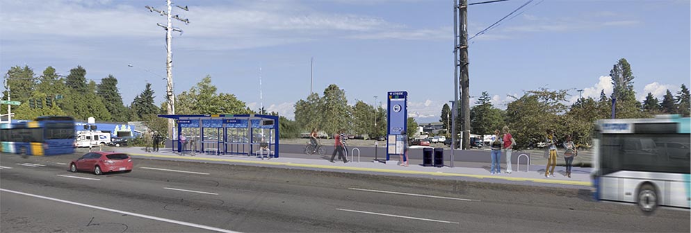 Rendering of the Shoreline Seattle station with riders at the platforms and buses approaching